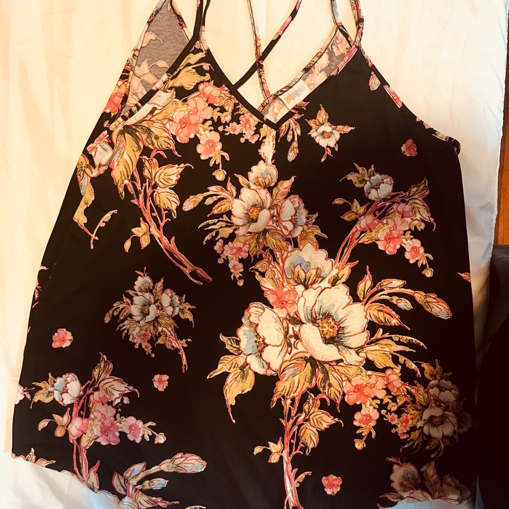 LuLaRoe Black Camisole with Pink and White Floral Design